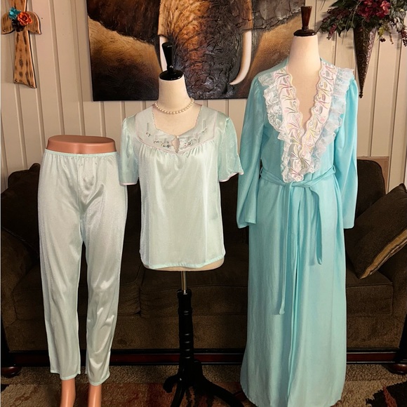 Lady Ronte~Vintage Turquoise Size Medium 3 Piece Set W/ Robe & Pajamas - Picture 2 of 16